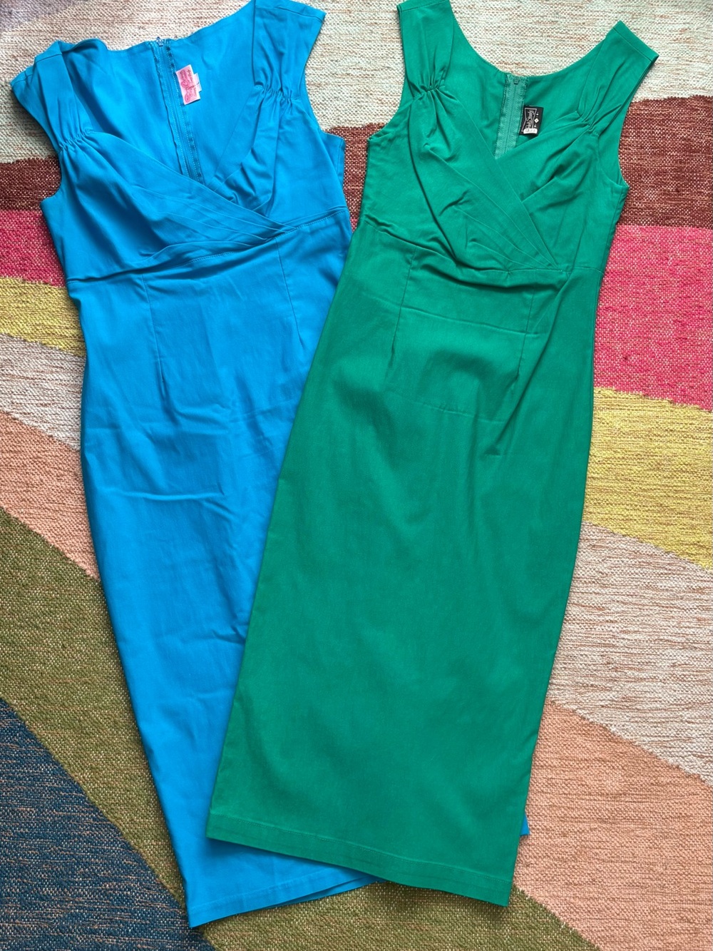 Pair of Sexy Wiggles! Emerald and Turquoise Sleeveless Pencil Dresses. Meow!